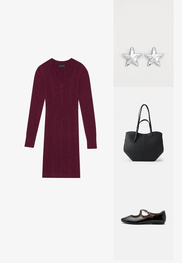 Vestido de punto granate con escote en V, mangas largas, puños acanalados y un patrón de punto trenzado en toda la prenda. Diseño ceñido en la cintura.; Zapato plano Mary Jane de charol negro con dos recortes y una correa con hebilla dorada sobre fondo blanco.; Bolsa tote negra de cuero liso y texturizado, con parte superior redondeada y dobles asas largas. Presenta una base angular para estabilidad y un diseño estructurado.; Pendientes en forma de estrella plateada con una superficie pulida y brillante. Cada pendiente presenta cinco puntas y sutiles detalles de textura en la superficie.