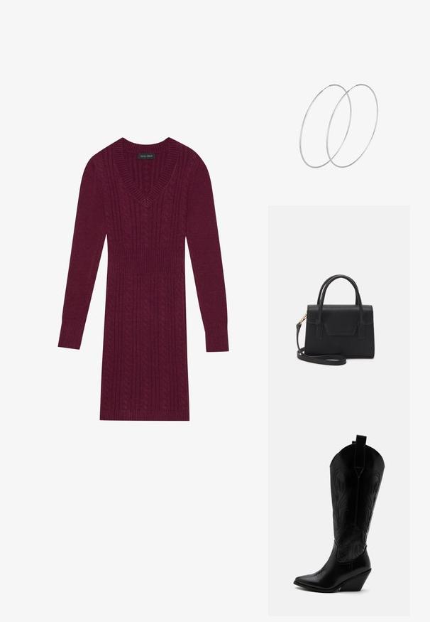 Bordeauxfarbenes Strickkleid mit V-Ausschnitt, langen Ärmeln, gerippten Bündchen und einem durchgehenden Kabelstrickmuster. Taillierte Passform.; Schwarzer Leder-Cowboystiefel mit spitzer Zehe, schrägem Blockabsatz, dekorativer Naht und Zuglaschen oben vor weißem Hintergrund.; Schwarze strukturierte Handtasche aus Leder mit einem oberen Tragegriff, abnehmbarem Schulterriemen und einer Klappe auf der Vorderseite. Akzente in Goldmetall.; Silberne Creolen mit minimalistischem Design. Rundform, glatte Oberfläche und dünnes Profil. Leichtgewichtig mit hochglänzender Oberfläche.