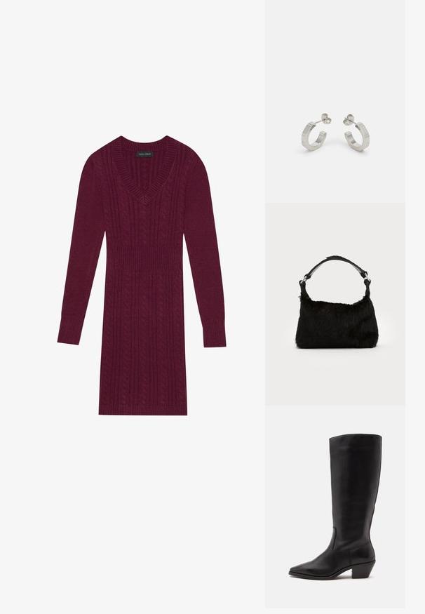 Bordo kudum Kleid V-kaelusega, pikkade varrukatega, soonikute käistega ja kogu kleidi ulatuses toruknitti mustriga. Kerge talje disain.; Must nahktõmmiku keskmise säärega saabas, millel on terav nina ja madal kaldu konts heledal ühevärvilisel taustal.; Mustast kunstkarusnahast käekott, millel on pehme tekstuur, ümar kuju ja tugev must nahast õlarihm. Nähtavad hõbedased detailid.; Hõbedased metallist rõngakõrvarõngad tekstureeritud kujundusega, millel on väike kinnituskate ja bränding ühel rõngal. Ümar kuju ja poleeritud viimistlus.