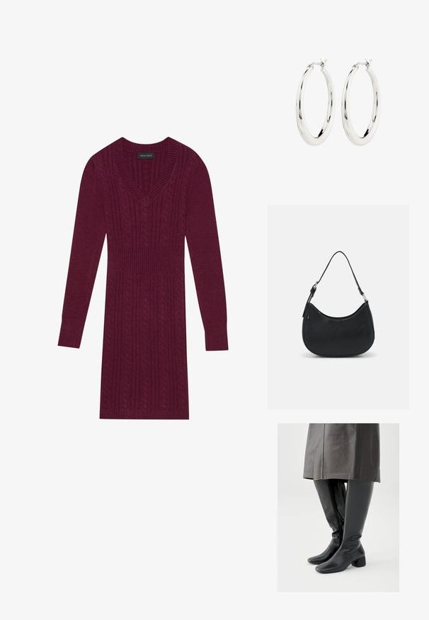 Robe tricotée bordeaux avec un décolleté en V, des manches longues, des manches côtelées et un motif en maille torsadée sur l'ensemble. Conception à taille cintrée.; Bottes en cuir noir montant jusqu'au genou avec un bout carré, un talon bloc incliné et une fermeture éclair latérale ; texture lisse et design ajusté.; Sac hobo noir en cuir lisse avec une silhouette arrondie, doté d'une seule sangle ajustable et de détails de design minimalistes.; Boucles d'oreilles créoles en argent avec une finition lisse et brillante. Forme circulaire, dotée d'un fermoir sécurisé. Design simple et élégant.