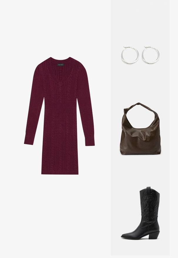 Bordo kudum Kleid V-kaelusega, pikkade varrukatega, soonikute käistega ja kogu kleidi ulatuses toruknitti mustriga. Kerge talje disain.; Must have mustakotkad nahast saapad terava ninaga, ehted keerlevate mustritega ja keskmise kõrgusega kontsaga. Omab tõmberiba lihtsaks selga panemiseks.; Pruun punutud nahast kott, mis on loobitud kujuga, ühe käepidemega ja tekstuurse pinnaga. Omab pehmet, läikivat viimistlust ja ümarad servad.; Hõbedased rõngasnõelad on sujuva ja ümara kujundusega, õhukese profiiliga ning kindla lukuga. Minimalistlik stiil ja läikiv viimistlus.