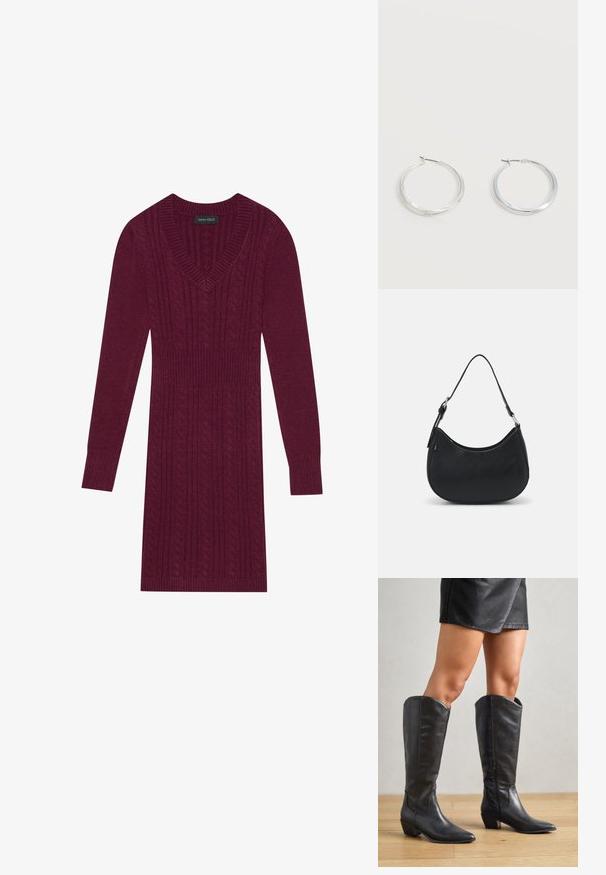 Bordeauxfarbenes Strickkleid mit V-Ausschnitt, langen Ärmeln, gerippten Bündchen und einem durchgehenden Kabelstrickmuster. Taillierte Passform.; Schwarze knielange Stiefel aus glattem Leder, mit spitzem Zehenbereich, niedrigem Blockabsatz und seitlichem Reißverschluss für ein einfaches Anziehen.; Schwarze Hobo-Tasche aus glattem Leder mit einer geschwungenen Silhouette, ausgestattet mit einem einzelnen verstellbaren Trageriemen und minimalistischem Design.; Silberne Metallcreolen mit glatter, leicht gebogener Oberfläche und Klappverschluss vor schlicht weißem Hintergrund.