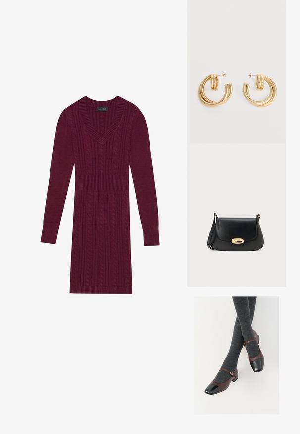 Bordo kudum Kleid V-kaelusega, pikkade varrukatega, soonikute käistega ja kogu kleidi ulatuses toruknitti mustriga. Kerge talje disain.; Burgundia nahast Mary Jane kingad musta läikiva varbaga ja õhukese pealehüppestrapiga; kantud tumedate hallide soonikkoes sokkidega. Madal ploki konts.; Musta nahast ristkeha kott, millel on klapiga disain, kuldne ovaalne lukk ja reguleeritav rihm. Sile tekstuur ja minimalistlik stiil.; Sädelevad kuldsed topeltringidega kõrvarõngad postitaga valgel taustal.
