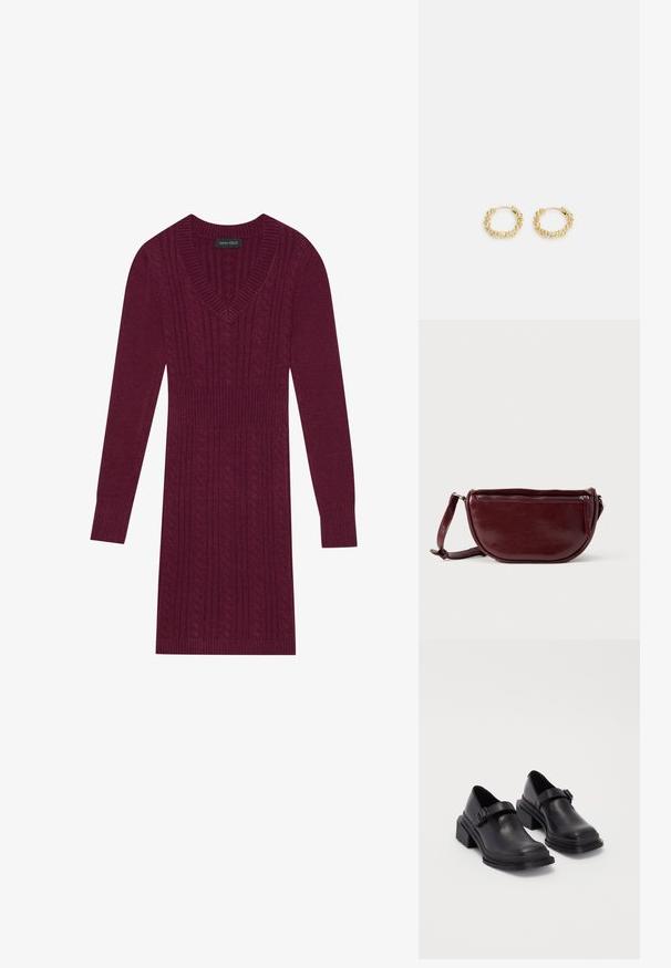 Bordo kudum Kleid V-kaelusega, pikkade varrukatega, soonikute käistega ja kogu kleidi ulatuses toruknitti mustriga. Kerge talje disain.; Mustad mustad jalanõud ümmarguse varbaga, tasase tallaga ja kinnitusega rihmaga, millel on pandla detail. Suure plokknina, mis tagab lisastabiilsuse.; Tumepunane poolkuu-kujuline nahast käekott, millel on tõmblukuga sulgur ja eemaldatav rihm. Sile tekstuur ja nõrk läige.; Kullatud rõngas kõrvarõngad, millel on tekstuuriga disain ja ühtlaselt jaotatud väikesed ümmargused helmestega rõnga ümber. Kerge metallkonstruktsioon.