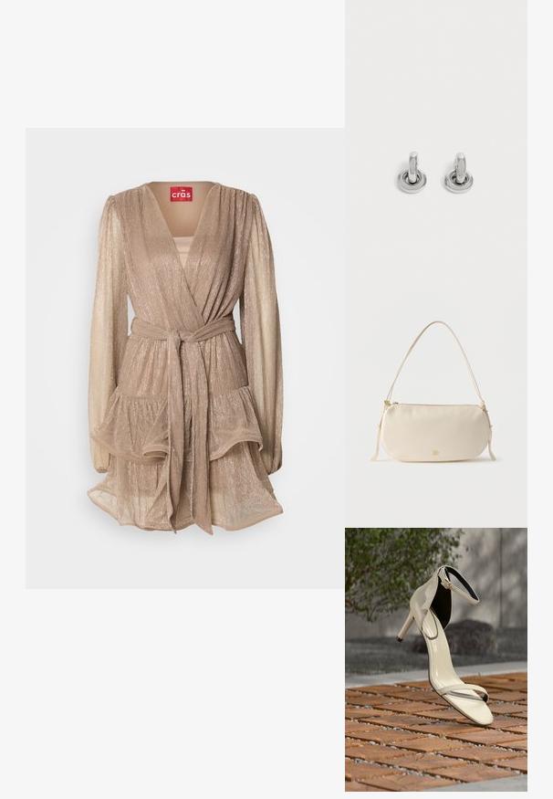 Beige metallic wikkeljurk met lange pofmouwen, een gelaagde rok met ruches en een bijpassende riem. Kenmerkt zich door een diepe V-hals en een zachte glans.; Beige sandaal met hoge hak en enkelriem, geplaatst op houten latten buiten, met vervaagde groene planten en betonnen achtergrond.; Crèmekleurige kleine schoudertas met een enkele schouderband, ritssluiting en subtiel gouden merklogo aan de voorkant.; Een paar kleine, glanzende zilveren creolen met een ronde basis, afgebeeld op een effen lichte achtergrond.