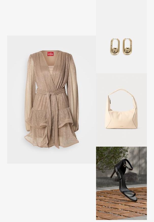Vestido envolvente metálico beige con mangas largas acampanadas, falda de volantes en capas y un cinturón a juego. Presenta un escote en V profundo y un suave brillo.; Sandalia negra de tacón alto con correa en el tobillo, parece suspendida sobre un suelo de baldosas de madera al aire libre, con un fondo difuminado de vegetación y piedra.; Bolso de mano de cuero color crema con asa trenzada y cremallera dorada, con un sutil logo "HUGO" en relieve en el centro delantero.; BOSS DOUBLE B SWING - Pendientes - gold-coloured