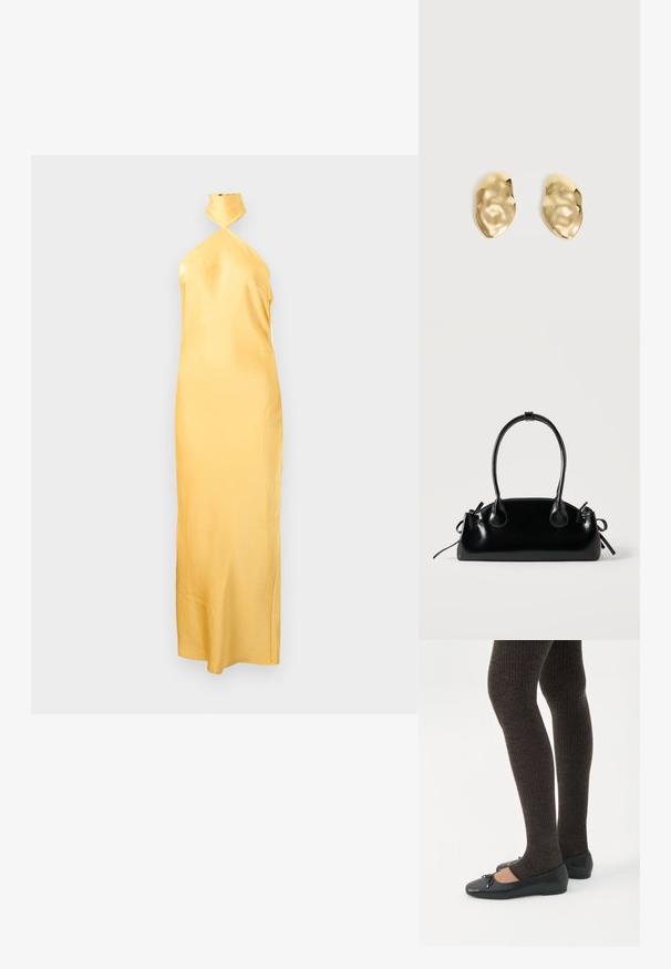 Μακρύ σατέν φόρεμα με halter neck σε ανοιχτό κίτρινο χρώμα, με εφαρμοστή σιλουέτα και μήκος μέχρι τον αστράγαλο, σε μονόχρωμο φόντο.; Πόδια με σκουρόχρωμα ριμπ κολάν συνδυασμένα με μαύρα μπαλαρίνα παπούτσια με μικρές λεπτομέρειες φιόγκων σε λευκό φόντο.; Μικρή μαύρη γυαλιστερή τσάντα με δύο μακριές λαβές και λεπτομέρειες με ρυθμιζόμενο κορδόνι στο πλάι σε απλό ανοιχτό φόντο.; Ζευγάρι λαμπερά, ακανόνιστα σχηματισμένα σκουλαρίκια από χρυσό μέταλλο με τσαλακωμένη, λεία επιφάνεια σε απλό ανοιχτό φόντο.