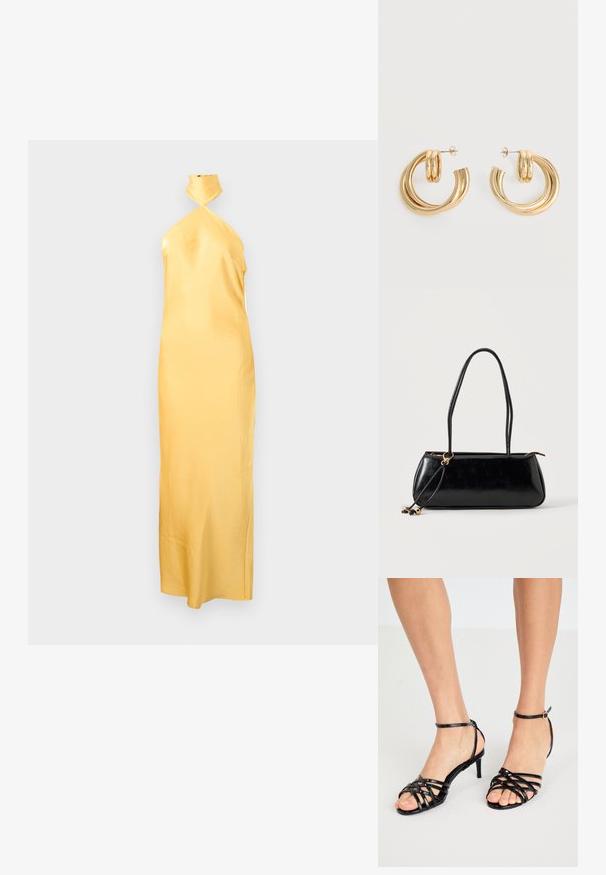 Μακρύ σατέν φόρεμα με halter neck σε ανοιχτό κίτρινο χρώμα, με εφαρμοστή σιλουέτα και μήκος μέχρι τον αστράγαλο, σε μονόχρωμο φόντο.; Μαύρες ψηλοτάκουνες σανδάλια με λουριά και γυαλιστερή υφή. Λουρί στον αστράγαλο με αγκράφα. Σχέδιο ανοιχτής μύτης με διασταυρούμενες λεπτομέρειες.; Μαύρη ορθογώνια τσάντα με δύο μακριές λωρίδες, λεπτομέρεια με χρυσό κρίκο και φερμουάρ σε απλό ανοιχτό φόντο.; Ζευγάρι λαμπερά χρυσά σκουλαρίκια με διπλό βρόχο και πίσω κούμπωμα σε λευκό φόντο.