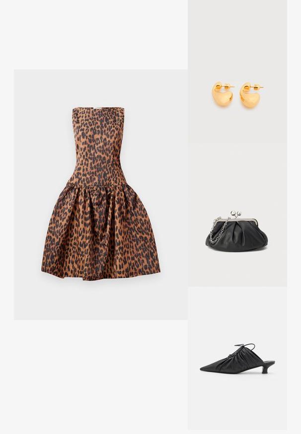 Robe à imprimé léopard avec un corsage ajusté sans bretelles et une jupe évasée. Fabriquée en tissu lisse avec une finition brillante et une taille élastiquée.; Mules noirs en cuir à enfiler avec un bout pointu, une texture froncée et un petit talon aiguille. Présente un détail à cordon au niveau de l'ouverture.; Porte-monnaie en cuir noir avec texture froncée, cadre en métal argenté, fermeture à verrouillage kiss-lock et bandoulière en chaîne. Surface lisse et douce.; Paire de petites boucles d'oreilles clous épaisses en métal doré avec des formes lisses, courbes et abstraites sur un fond clair.