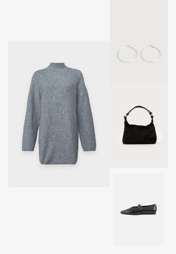 Γκρι πλεκτό πουλόβερ με ψηλό λαιμό, oversized σιλουέτα και μακριά μανίκια. Το ύφασμα διαθέτει μια διακριτική υφή.; Μαύρο δερμάτινο παπούτσι φλατ με μυτερή μύτη, διαθέτοντας μια μεταλλική πόρπη που διασχίζει το κέντρο του ποδιού και μια χαμηλή, ευέλικτη σόλα.; Μαύρη τσάντα χειρός από ψεύτικη γούνα με απαλή υφή, στρογγυλή σχήμα και ανθεκτική μαύρη δερμάτινη ιμάντα ώμου. Ορατά ασημένια αξεσουάρ.; Ζεύγος λαμπερών ασημένιων κρίκων με λεπτές σύρμα σφραγίδες, παρουσιασμένα σε ανοιχτό γκρι φόντο.