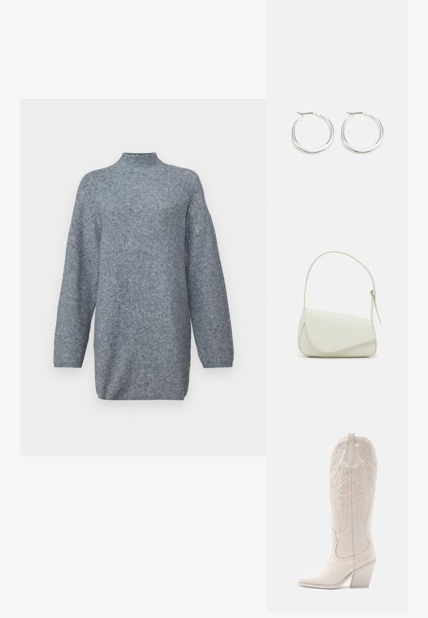 Pull en maille gris avec un col montant, une silhouette oversize et des manches longues. Le tissu présente un motif texturé subtil.; Bottine de cowboy en cuir blanc avec un bout pointu et un talon bloc. Présente des motifs de broderie complexes sur la tige et une texture lisse.; Sac à main en cuir synthétique blanc avec une forme triangulaire structurée, une bandoulière unique réglable et un rabat à courbes accentuées.; Les boucles d'oreilles en argent en forme de créole présentent un design lisse et arrondi avec un profil fin et un fermoir sécurisé. Style minimaliste avec une finition polie.