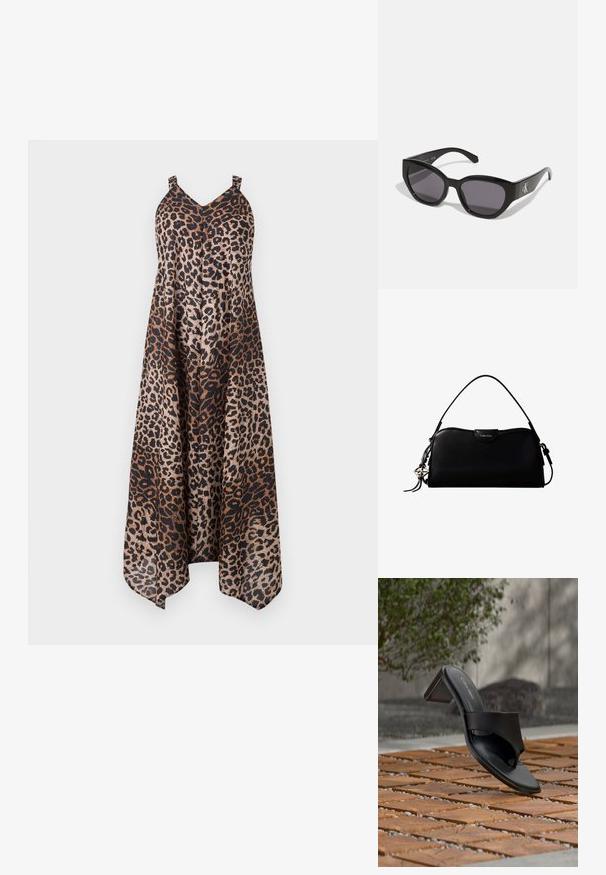 Kleid mit Leopardenmuster in lockerem, fließendem Design. Spaghettiträger, V-Ausschnitt und asymmetrischer Saum. Farbpalette umfasst Brauntöne und Schwarz.; Schwarze Calvin Klein Sandale mit Absatz und Zehenschlaufe auf einem Holzkachelfußboden im Freien neben einem Baum und einer Steinmauer.; Schwarze Sonnenbrille mit einem schlanken, kantigen Design, dunklen Gläsern und einem kontrastierenden silbernen Logo an der Seite. Glatte Kunststoffoberfläche.; Schwarze, rechteckige Calvin Klein Handtasche mit einem einzelnen Tragegriff oben, silbernem Logo-Anhänger und kleinem Klappverschluss auf der Vorderseite.