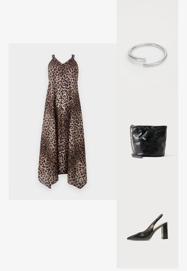 Kleid mit Leopardenmuster in lockerem, fließendem Design. Spaghettiträger, V-Ausschnitt und asymmetrischer Saum. Farbpalette umfasst Brauntöne und Schwarz.; Schwarzer Leder-Slingback-Schuh mit spitzer Kappe, hohem Blockabsatz und beigegefüttertem Innenraum vor hellem, einfarbigem Hintergrund.; Schwarze glänzende Leder-Bucket-Bag mit Kordelzugverschluss und Metallkettenriemen auf einfachem Hintergrund.; Calvin Klein SPIRAL - Armband - silver-coloured