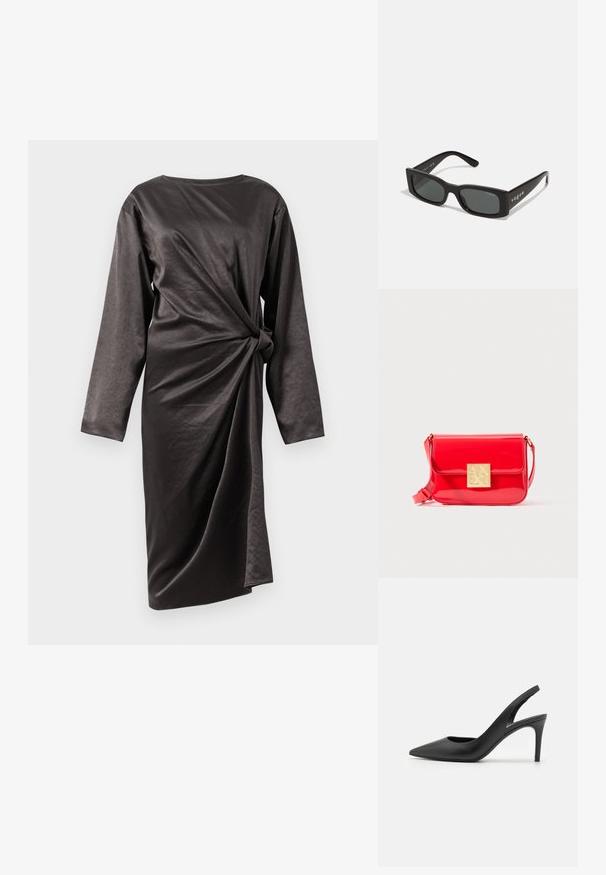 Mørkegrå langærmet kjole med høj hals, der har en snoet frontdetalje og en glat stofstruktur. Ingen synlige lukninger.; Sorte læder slingback høje hæle med spids tå-design, der har en udskæring fortil og en tynd stiletto-hæl.; Sorte rektangulære solbriller med mørke linser. Har en glat plastikramme og "vogue"-branding på stængerne.; Rød lakeret læder crossbody taske med en guldlås, glat tekstur og justerbar rem, som har en rektangulær form og klaplukning.