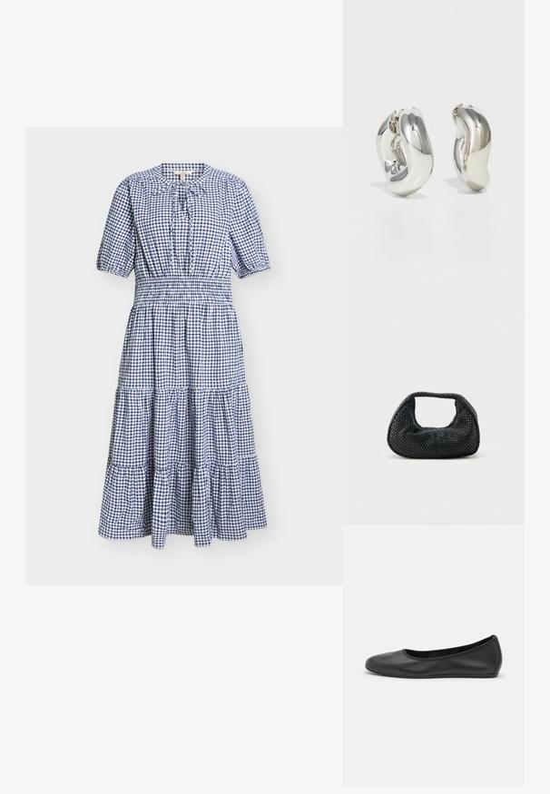 Robe midi à carreaux bleus et blancs avec manches ballon, taille cintrée, jupe à volants et petit nœud au col rond.; Ballerines en cuir noir avec un bout rond, texture lisse, détails de couture minimalistes et design de semelle flexible.; Sac hobo tissé noir avec une structure souple et une poignée intégrée, présenté sur un fond clair uni.; Boucles d'oreilles sculpturales en argent avec des formes douces et courbes et des surfaces réfléchissantes. Présentent un design de boucle fermée et une forme organique distincte.