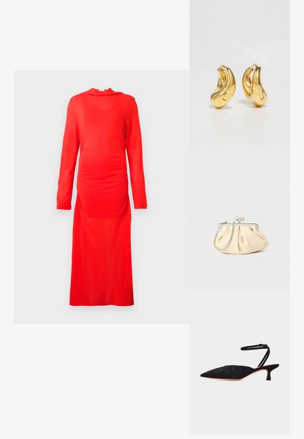 Vestido rojo de mangas largas, hecho de una tela suave y elástica. Presenta un detalle fruncido en la cintura y un escote alto, con un corte hasta el suelo.; Zapato negro de tacón bajo con punta puntiaguda, parte superior fruncida y delgada correa de tobillo con hebilla, mostrado de perfil sobre fondo blanco.; Clutch de cuero beige plisado con un marco de metal plateado, que cuenta con dos broches decorativos redondos y una correa de cadena plateada.; Pendientes de aro de oro con forma curva y suave, y acabado pulido. Presentan un mecanismo de cierre y ligeras indentaciones para un toque de detalle.