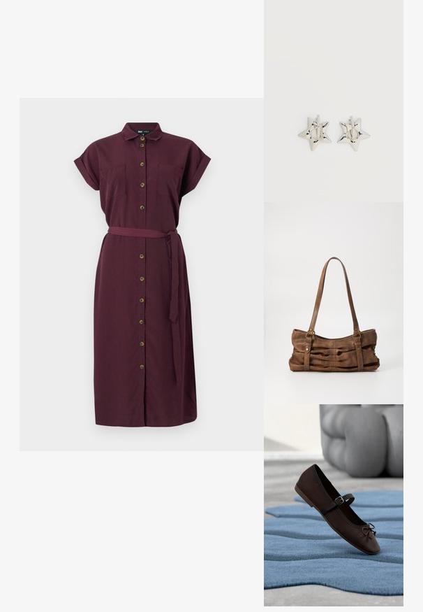 Robe boutonnée bordeaux avec des manches courtes retroussées, deux poches avant, une ceinture en tissu et une coupe droite. Fabriquée dans un matériau texturé.; Chaussure plate Mary Jane marron foncé avec boucle et détail nœud reposant sur un tapis texturé bleu ondulé, et un canapé gris rembourré en arrière-plan.; Even&Odd Sac à main - brown; Boucles d’oreilles créoles en forme d’étoile argentée avec une finition lisse et polie sur un fond blanc uni.