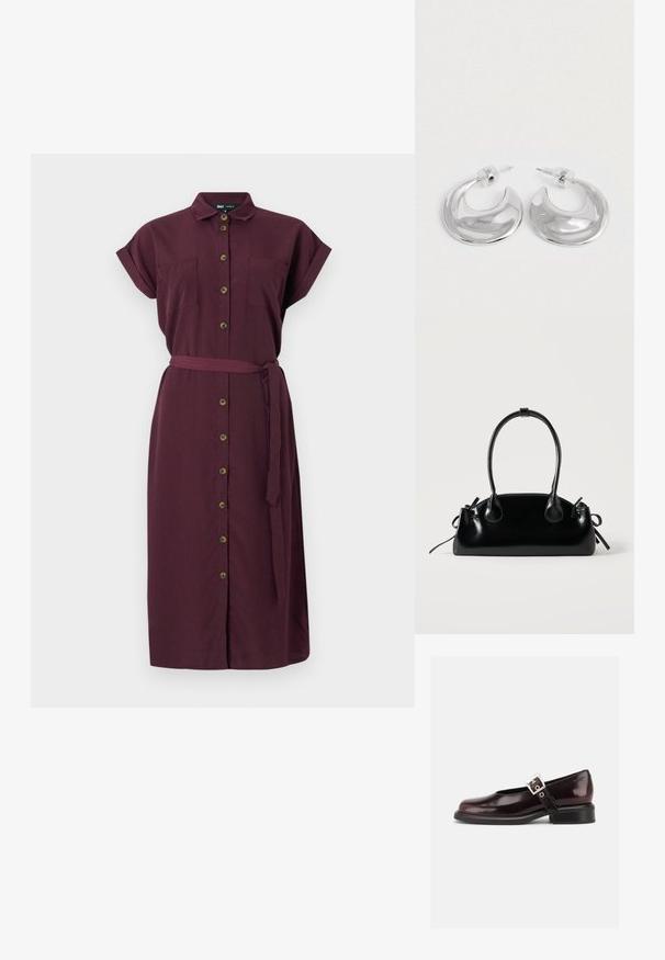 Robe boutonnée bordeaux avec des manches courtes retroussées, deux poches avant, une ceinture en tissu et une coupe droite. Fabriquée dans un matériau texturé.; Chaussure Mary Jane unique brillante couleur bordeaux foncé avec une large bride et une boucle argentée, talon bloc bas et bout arrondi sur fond blanc.; Petit sac à main noir brillant avec deux longues anses et des détails à cordon sur les côtés sur un fond clair uni.; Une paire de boucles d'oreilles en croissant argenté poli avec des supports en plastique transparent sur une surface blanche.