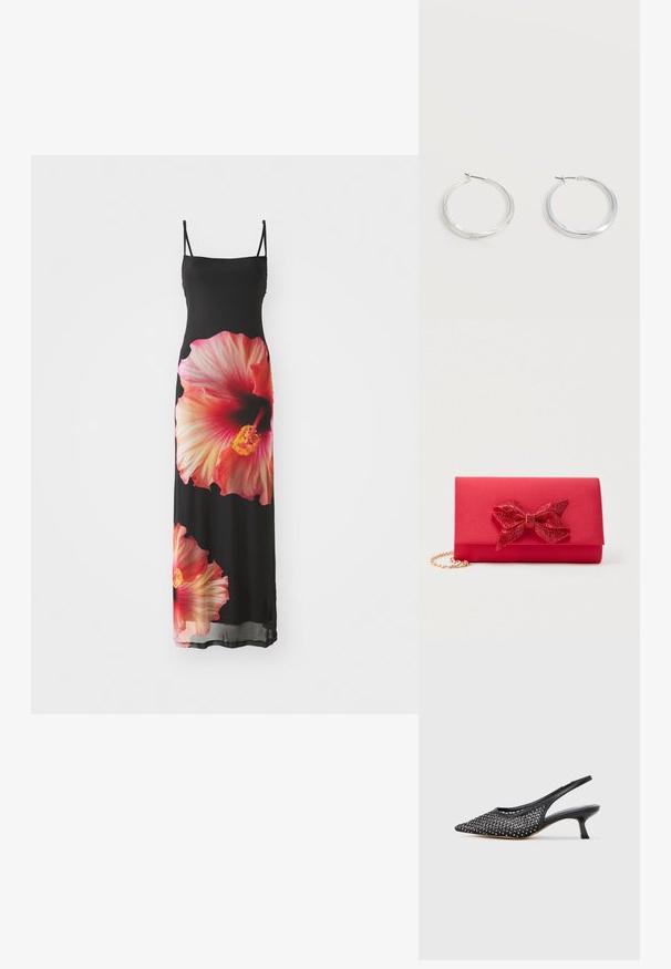 Čierna maxi šaty s tenkými ramienkami, na prednej strane s veľkými ružovými a oranžovými potlačami kvetov hibiscus. Hladká, ľahká textília.; Čierna slingback lodička na nízkom podpätku s mačacím opätkom, špicatou špičkou, sieťovinovým zvrškom zdobeným malými striebornými cvočkami a nízkym zakriveným podpätkom.; Červená saténová kabelka do ruky s veľkou trblietavou mašľou na klapke a krátkym zlatým retiazkym remienkom na bielom pozadí.; Strieborné kovové kruhové náušnice s hladkým, mierne zakriveným povrchom a zapínaním na poistku na jednoduchom bielom pozadí.