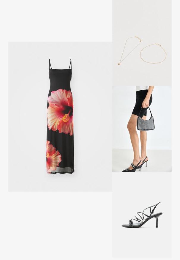 Sort maxi kjole med tynde stropper, prydet med store rosa og orange hibiscus blomstertryk på forsiden. Glat, letvægtsstof.; Sort højhælet sandal med tynde buede remme, sølv accenter og en justerbar ankelspænde på en hvid baggrund.; Sort perlehandtaske med en buet silhuet, bærehåndtag og blank overflade. Båret med højhælede sorte sko og tætsiddende sorte shorts.; To fine guld kæder ligger på en hvid overflade; den ene med en cirkulær perlemor vedhæng, den anden en simpel kædearmbånd.
