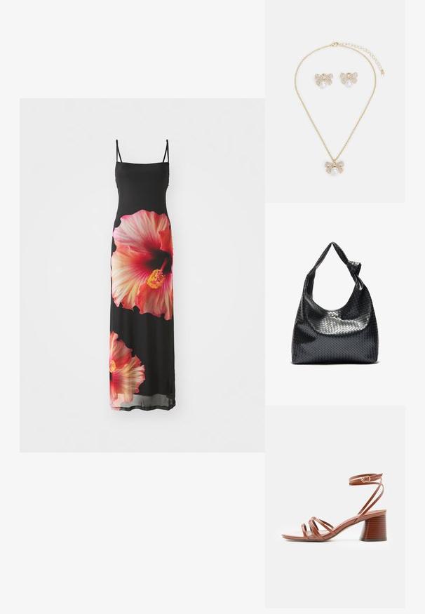 Sort maxi kjole med tynde stropper, prydet med store rosa og orange hibiscus blomstertryk på forsiden. Glat, letvægtsstof.; Brun sandal med stropper, blokhæl og ankelrem med spænde, minimalistisk design, blød lædertekstur, sidevisning på ensfarvet baggrund.; Sort vævet lædertaske med en afslappet design, der har et knyttet rem og en lille dekorativ guldstud foran.; Guld-tone smykkesæt bestående af en halskæde med en sløjfe vedhæng pyntet med rhinsten og en central perle, suppleret med matchende øreringe.