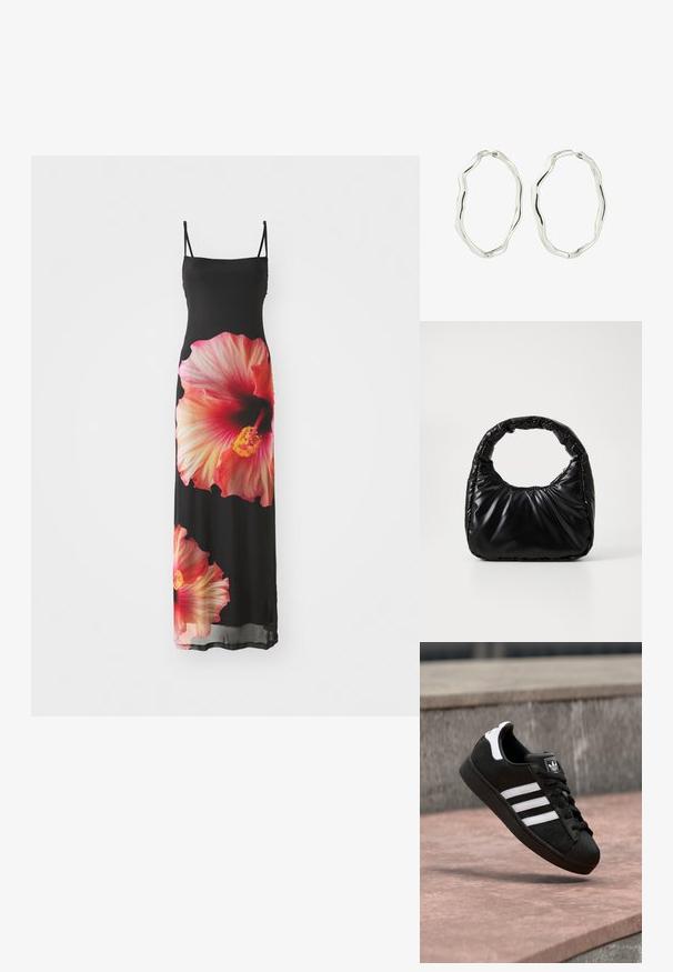 Zwarte maxi-jurk met dunne bandjes, voorzien van grote roze en oranje hibiscus bloemenprints aan de voorkant. Soepele, lichte stof.; Zwarte Adidas sneaker met witte strepen en hielriem, vastgelegd in de lucht boven een rozeachtige stenen ondergrond en een grijze betonnen achtergrond.; Zwarte gevoerde handtas met een ronde handgreep, met een gladde, glanzende oppervlakte en een zachte, gewatteerde textuur. Geen zichtbare metalen onderdelen of accenten.; Een paar zilveren, onregelmatig gevormde hoepeloorbellen met gladde, golvende randen en veersluitingen op een witte achtergrond.