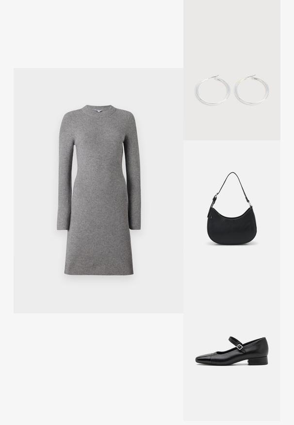 Object Mini Knitted - Robe pull - medium grey melange; Chaussures Mary Jane en cuir noir avec un embout en vernis, une sangle cheville réglable et un petit talon carré. Texture lisse et design élégant.; Sac hobo noir en cuir lisse avec une silhouette arrondie, doté d'une seule sangle ajustable et de détails de design minimalistes.; Paire de boucles d'oreilles créoles argentées brillantes avec fermoirs en fil fin, présentée sur un fond gris clair.