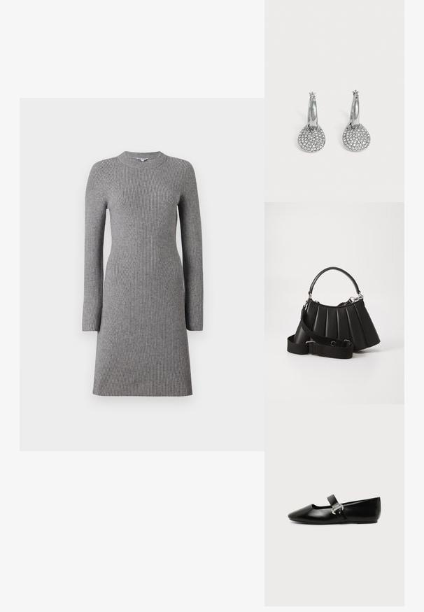 Object Mini Knitted - Robe pull - medium grey melange; Chaussure plate Mary Jane en cuir noir avec bout arrondi et bride à boucle argentée sur fond uni.; Sac à main plissé noir avec une poignée arrondie, une bandoulière réglable et une texture brillante. Présente des accessoires en argent et une silhouette structurée.; Boucles d'oreilles créoles en argent avec des pendentifs ronds et plats incrustés de petits cristaux clairs sur un fond clair uni.