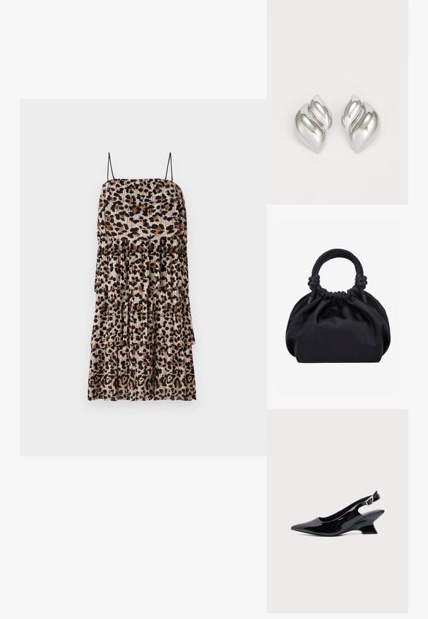 Vestido midi plisado con estampado de leopardo en tonos marrones y negros. Presenta tirantes finos negros y capas escalonadas.; Zapato slingback de cuero charol negro con puntera puntiaguda y tacón bajo en bloque inclinado sobre fondo claro liso.; Bolso de mano de tela negra suave con parte superior fruncida y asas acolchadas circulares atadas con nudos a cada lado.; Pendientes de plata con una forma orgánica y abstracta. Superficie lisa y brillante con un diseño cónico. Presentan suaves curvas y un detalle de línea central.