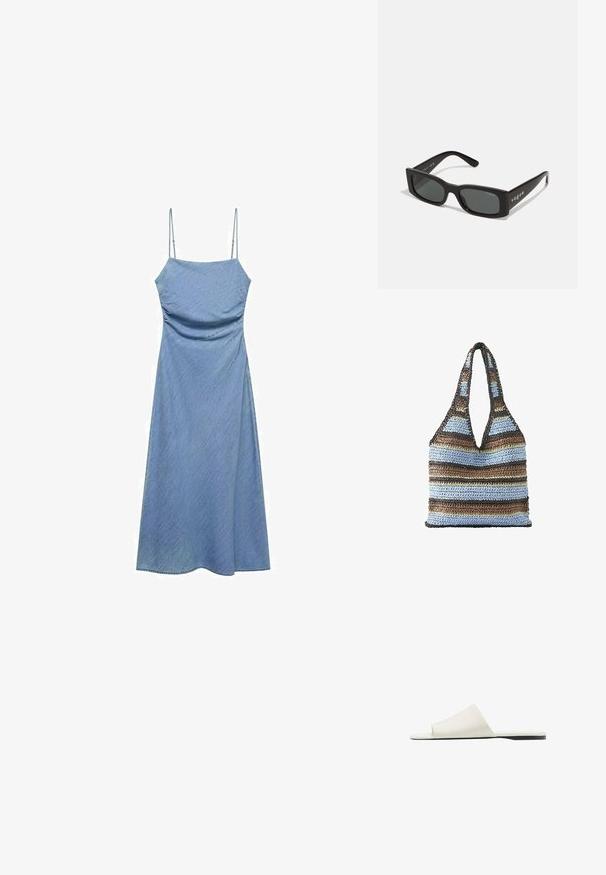 Lichtblauwe denim jurk met dunne verstelbare bandjes, aansluitend lijfje en een vloeiende A-lijn rok. Gladde textuur met een subtiele glans.; Witte slidesandaal met een brede band en platte zool, gezien van opzij op een witte achtergrond.; Zwarte rechthoekige zonnebril met donkere lenzen. Heeft een soepel plastic montuur en "vogue"-branding op de pootjes.; Gehaakte draagtas met brede schouderbanden in horizontale strepen van bruin, lichtblauw, donkerbruin en beige.