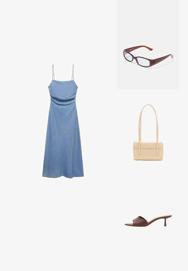 Lichtblauwe denim jurk met dunne verstelbare bandjes, aansluitend lijfje en een vloeiende A-lijn rok. Gladde textuur met een subtiele glans.; Bruine leren mule met open teen, lage, slanke kittenhak en gevoerde binnenzool, getoond tegen een witte achtergrond.; Bruin getinte rechthoekige brillen met een glanzende afwerking, met slanke pootjes en doorzichtige glazen. Logo zichtbaar op de linkertempel.; Beige rechthoekige schoudertas met lange dubbele banden en klepsluiting, afgebeeld tegen een witte achtergrond.