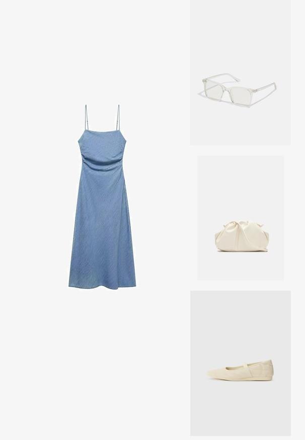 Lyseblå denimkjole med tynde justerbare stropper, tætsiddende liv og en svævende A-formet nederdel. Glat tekstur med en subtil glans.; Lysebrune ballet flats med en glat læderoverflade, mandelformet tå og elastisk rem over vristen, med diskrete syninger.; Klare plastiske briller med firkantet ramme og gennemsigtige linser, der har guld accenter på tempelstængerne for ekstra detaljer.; Blød, cremefarvet læder clutch taske med samlet, rynket design og en tynd skulderrem, der hviler foran på en ensfarvet baggrund.