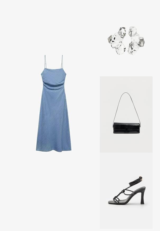 Vestido de mezclilla azul claro con tirantes delgados ajustables, corsé ajustado y una falda en forma de A fluida. Textura suave con un brillo sutil.; DeeZee Sandalias de tacón - black; Bolso de hombro de cuero sintético negro con textura de cocodrilo, forma rectangular, textura brillante, con una correa delgada ajustable y cierre de solapa frontal.; Conjunto de seis piezas de forma irregular, translúcidas y reflectantes, similares al vidrio, dispuestas sobre un fondo blanco.