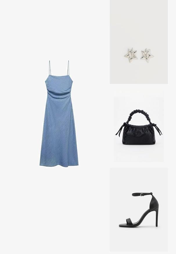 Lyseblå denimkjole med tynde justerbare stropper, tætsiddende liv og en svævende A-formet nederdel. Glat tekstur med en subtil glans.; Sort højhælet sandal med et sleek design, der har en ankelrem, åben tå og glat lædertekstur.; Sort taske med krokodilletekstur, rynket øverste kant, samlet hank og snore med kvaster på hver side mod en hvid baggrund.; Sølv stjerneformede øreringe med en glat, poleret finish på en ensfarvet hvid baggrund.