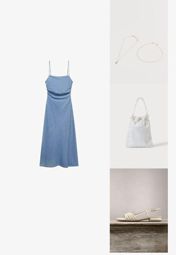 Lyseblå denimkjole med tynde justerbare stropper, tætsiddende liv og en svævende A-formet nederdel. Glat tekstur med en subtil glans.; Lyse beige sandal med flere krydsremme, en tynd ankelrem og en lav blokhæl. Glat lædermateriale og åben tådesign.; Hvid stofnet med blomstret blonderbroderi og samlet øvre håndtag, vist mod en ensfarvet lys baggrund.; To fine guld kæder ligger på en hvid overflade; den ene med en cirkulær perlemor vedhæng, den anden en simpel kædearmbånd.