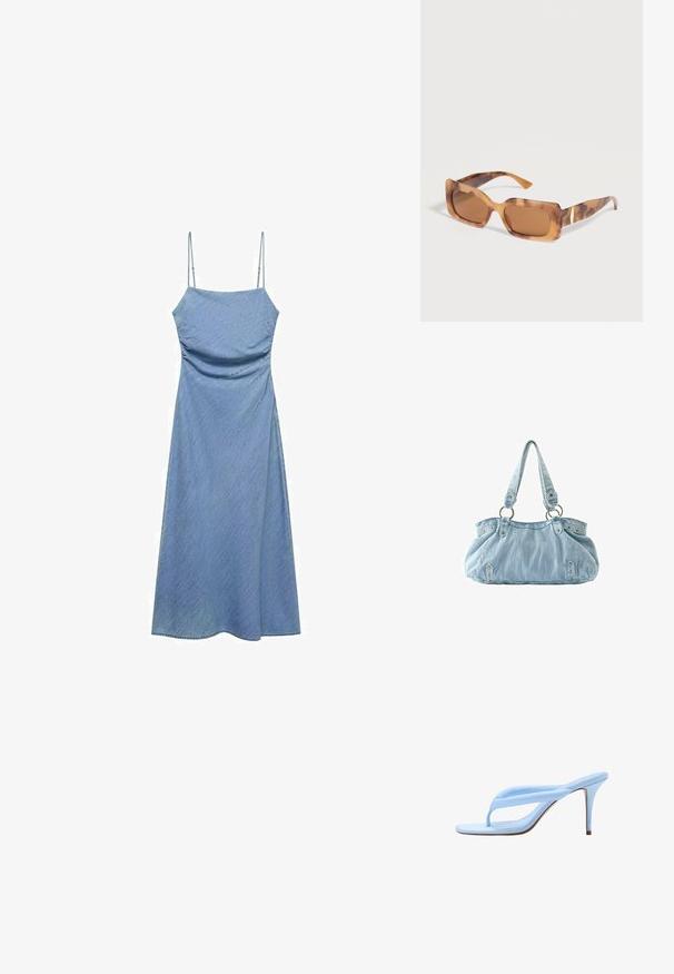 Lichtblauwe denim jurk met dunne verstelbare bandjes, aansluitend lijfje en een vloeiende A-lijn rok. Gladde textuur met een subtiele glans.; Lichtblauwe hooggehakte sandaal met dunne zool, gevoerde teenslipperband en stijve stilettohak, zijaanzicht op witte achtergrond.; Rechthoekige schildpad zonnebril met dikke monturen en bruin getinte glazen, geplaatst op een witte ondergrond.; Lichtblauwe denim handtas met twee schouderbanden bevestigd aan metalen ringen en decoratieve klinknagels aan de voorkant en zijkanten.