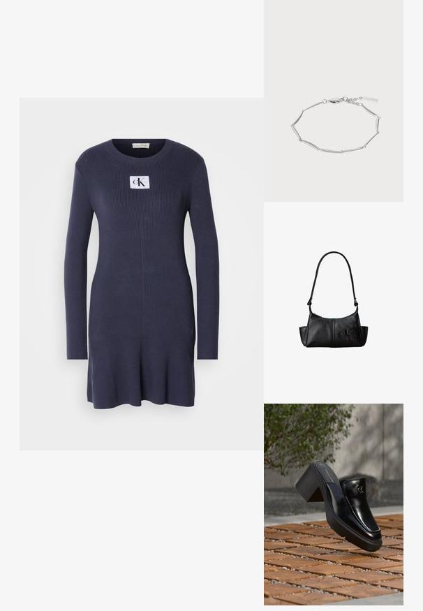 Marineblå ribstrikket kjole med lange ærmer og flæset kant. Har et hvidt patch med logoen "CK" på brystet. Blød tekstur.; Sort læder Calvin Klein slip-on mule med blokhæl, der hviler på trætøj udendørs nær en grøn plante og en grå væg.; Sort læder skuldertaske med lang rem, sidelommer og præget Calvin Klein-logo på fronten.; Armbånd i sølvfarve med langstrakte buede led, lås med lobsteklemmer og et lille rektangulært mærke fastgjort til den justerbare kæde.