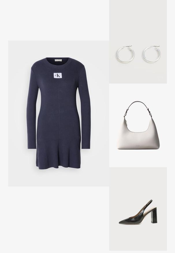 Marineblauw ribgebreid jurkje met lange mouwen en een uitlopende zoom. Heeft een witte patch met het logo "CK" op de borst. Zachte textuur.; Zwarte leren slingback schoen met spits toelopend neusje, hoge blokhak en beige binnenvoering tegen een effen lichte achtergrond.; Romige Calvin Klein leren schoudertas met gebogen bovenrand, zilveren rits en donkerbruine verstelbare riem.; Een paar middelgrote glanzende zilveren oorringen met dunne metalen sluitingen op een lichte neutrale achtergrond.