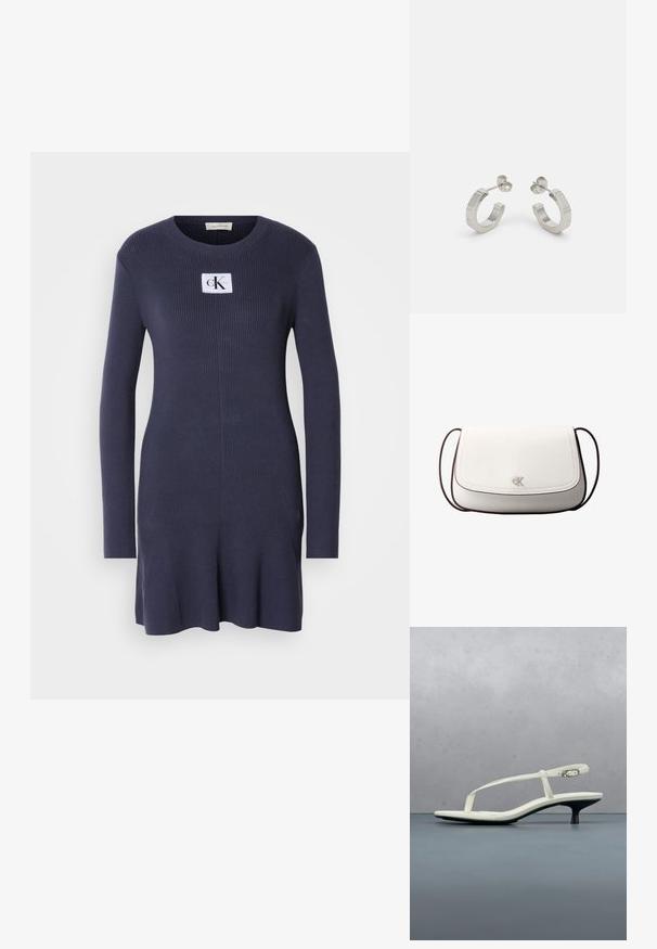 Marineblå ribstrikket kjole med lange ærmer og flæset kant. Har et hvidt patch med logoen "CK" på brystet. Blød tekstur.; Hvid sandal med stropper og kitten-hæl med spids tå, svævende over et trægulv udendørs med en sløret plante og væg i baggrunden.; Hvid skuldertaske med klaplukning, lille sølv "cK" logo i midten og tynd, justerbar, mørkebrun rem.; Sølv metal hoop øreringe med et tekstureret design, der har en lille post bagpå og branding på en af øreringene. Rund form med en poleret overflade.