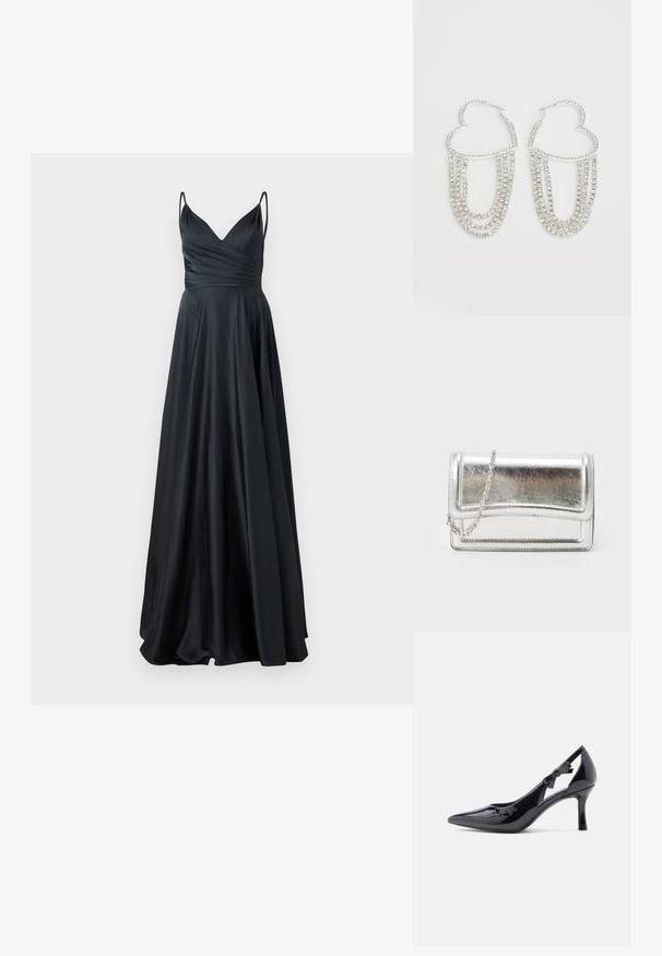 Zwart satijnen avondjurk met een V-hals, een getailleerde corsage, dikke spaghettibandjes en een vloeiende A-lijn rok. Zachte, elegante textuur.; Zwarte laklederen pump met hoge hak, spitse neus, enkellus versierd met een strik en een slanke stilettohak.; Zilveren metallic clutch tas met een gladde textuur, klep sluiting en een kettinghengsel. Bevat een gestructureerd rechthoekig design en gestikte accenten.; Zilveren oorringen in de vorm van een hart, versierd met watervalletjes van heldere rhinestones voor extra sprankeling en textuur.