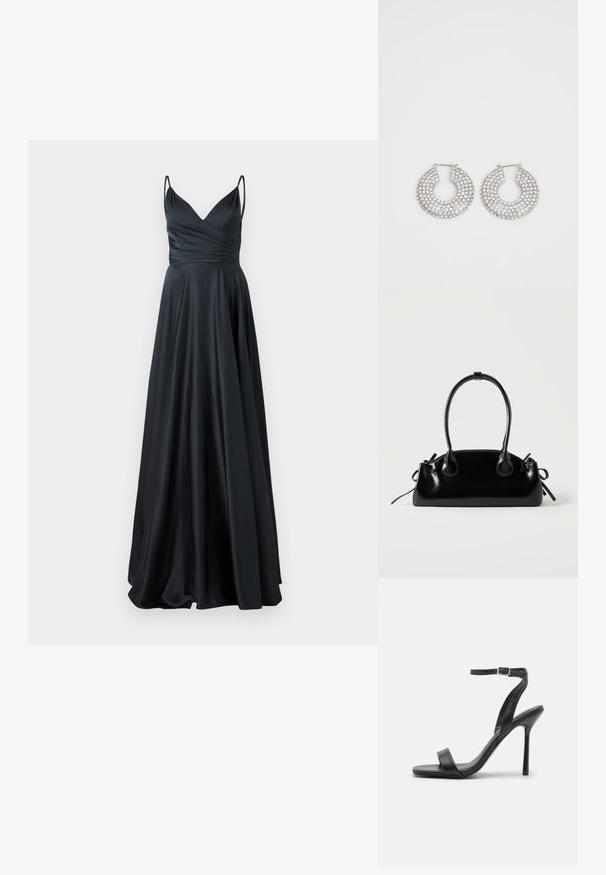 Vestido de noche de satén negro con escote en V, cuerpo ajustado, tirantes gruesos y una falda en línea A que fluye. Textura suave y elegante.; Sandalia negra de tacón alto con una correa delgada en el tobillo y dos bandas en la parte frontal. Hecha de cuero suave con una punta afilada y tacón de aguja.; Pequeño bolso negro brillante con dos asas largas y detalles de cordón lateral sobre un fondo claro liso.; Aros de plata en forma de aro adornados con múltiples embellishments de cristal transparente, con una superficie texturizada y un diseño circular abierto.