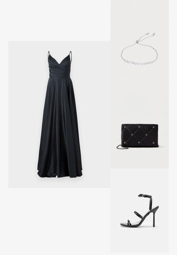 Zwart satijnen avondjurk met een V-hals, een getailleerde corsage, dikke spaghettibandjes en een vloeiende A-lijn rok. Zachte, elegante textuur.; Zwarte gepatineerde leren hoge hak sandalen met drie horizontale banden en een verstelbare enkelband. Slanke silhouette en glanzende afwerking.; Zwarte gewatteerde satijnen clutch met zilveren piramide studs, kettingriem, rechthoekige vorm en een gladde textuur. Afmetingen van 10 cm x 18 cm x 4 cm.; Delicaat verstelbare zilveren armband met kleine kubusvormige heldere kristallen geregen langs de ketting op een effen lichte achtergrond.