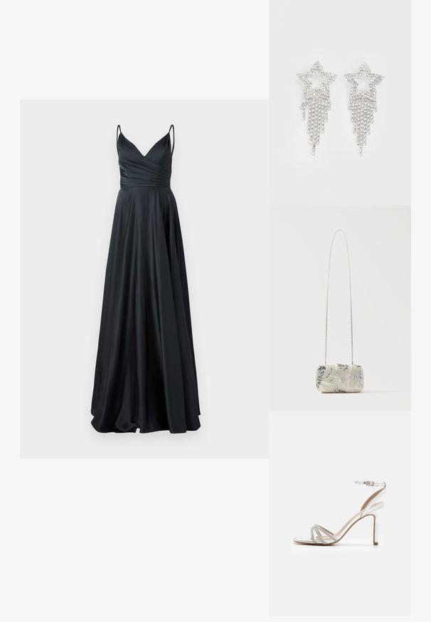 Zwart satijnen avondjurk met een V-hals, een getailleerde corsage, dikke spaghettibandjes en een vloeiende A-lijn rok. Zachte, elegante textuur.; Zilveren hoge hakken sandaal met meerdere banden, versierd met strassstenen, met een open teen ontwerp en een enkelgesp. Gladde metalen afwerking.; Rechthoekige zilveren clutch met kralen en bloemenpatronen, voorzien van een lange dunne zilveren kettingriem, tentoongesteld tegen een effen achtergrond.; Rhinestone ster oorbellen met waterval franje, in een zilverkleurige tint en een glanzend, reflecterend oppervlak. Stervorm met ingewikkeld ontwerp.