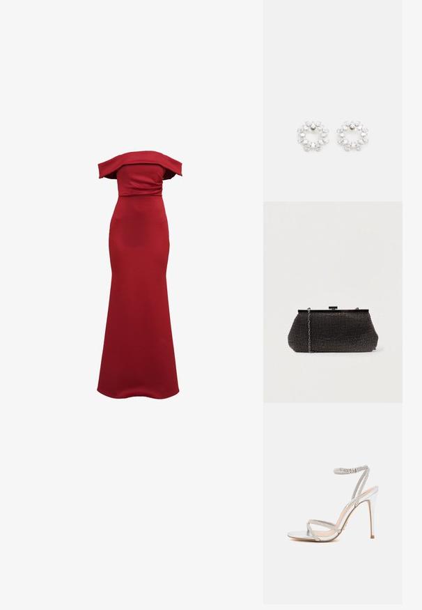 Robe rouge ajustée à épaules dénudées avec une silhouette élancée et élégante, réalisée en tissu lisse, dotée d'un corsage froncé et d'une longueur au sol.; Sandale à talons hauts en argent avec des fines lanières, ornée de strass, présentant un design épuré et un bout pointu.; Pochette noire en mesh avec une silhouette structurée, ornée de petits clous métalliques, dotée d'une fermeture à clip et d'une bandoulière en chaîne détachable.; Boucles d'oreilles circulaires en métal, ornées de plusieurs pierres transparentes et facettées disposées dans un motif étincelant. Incolores et réfléchissantes.