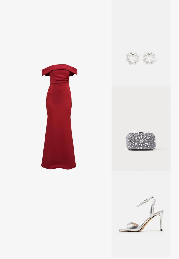 Robe rouge ajustée à épaules dénudées avec une silhouette élancée et élégante, réalisée en tissu lisse, dotée d'un corsage froncé et d'une longueur au sol.; Sandale à talon haut argentée avec un bout ouvert, texture métallique et bride de cheville ajustable. Présente un talon aiguille effilé et une semelle intérieure lisse.; Petit sac pochette rectangulaire gris foncé orné de strass clairs disposés en motif rayonnant, avec une bandoulière chaîne argentée.; Boucles d'oreilles circulaires en métal, ornées de plusieurs pierres transparentes et facettées disposées dans un motif étincelant. Incolores et réfléchissantes.