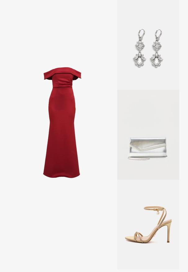 Robe rouge ajustée à épaules dénudées avec une silhouette élancée et élégante, réalisée en tissu lisse, dotée d'un corsage froncé et d'une longueur au sol.; Sandale à talons hauts beige avec fines brides ornées de petits strass et une boucle dorée à la cheville sur un fond uni.; Pochette argentée brillante avec rabat style enveloppe et garniture décorative, petite bandoulière chaîne argentée, sur fond clair uni.; Boucles d'oreilles en métal argenté ornées de plusieurs pierres précieuses en cristal transparent en forme de goutte et de marquise, avec des fermoirs à levier et des détails complexes.