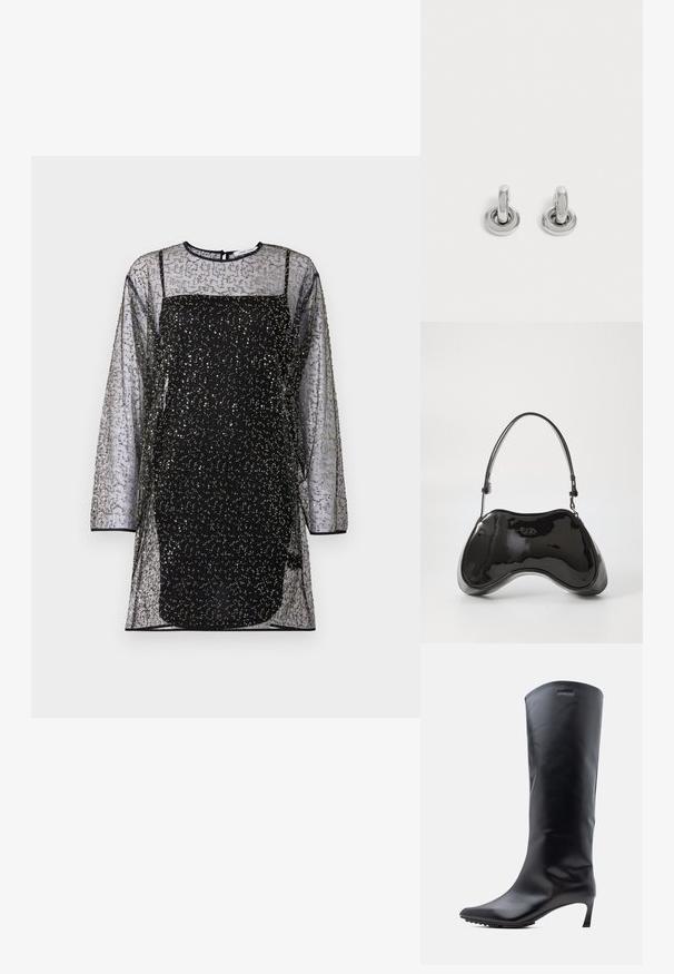 Schwarzes Netzkleid mit langen Ärmeln, dekorativen Mustern aus goldenen und silbernen Perlen sowie einem enganliegenden schwarzen Unterkleid. Rundhals-Ausschnitt und Rückenverschluss.; Knielanger schwarzer Lederstiefel mit spitzer Zehe und schlankem, hohem Absatz. Glatte Textur mit minimaler Hardware und Markenlogo in der Nähe des oberen Randes.; Schwarze Handtasche aus lackiertem Leder mit einer einzigartigen, geschwungenen Form, kurzem verstellbarem Griff und einem Reißverschluss oben. Glatte Textur mit dezentem Branding.; Paar kleine, glänzende silberne Creolen mit rundem Sockel, auf einfachem hellem Hintergrund präsentiert.