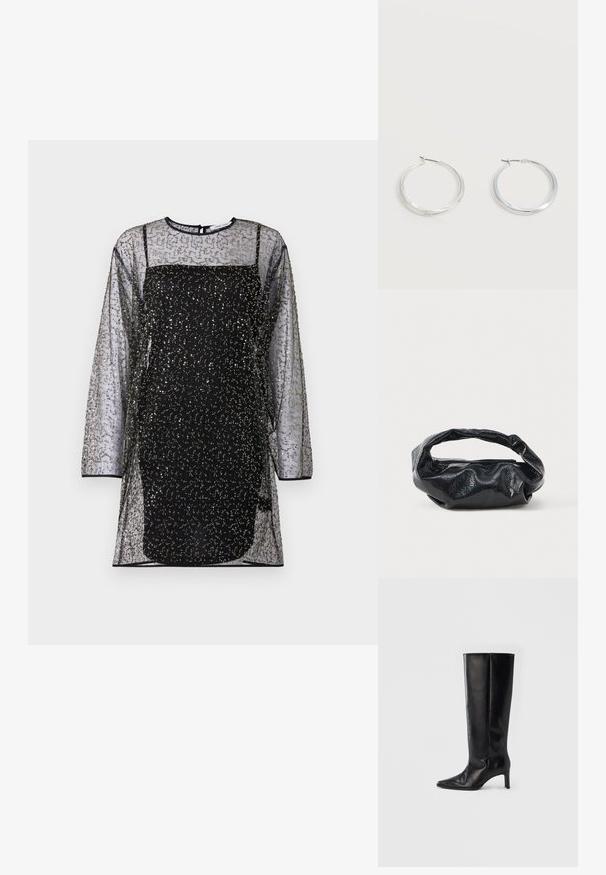 Zwarte mesh jurk met lange mouwen, decoratieve patronen van gouden en zilveren kralen, en een strakke zwarte onderlaag. Rond decolleté en achter sluiting.; Zwarte kniehoge laarzen gemaakt van glad leer, met een puntige neus en een slanke hak, een nauwsluitende schacht en een minimalistisch ontwerp.; Zwarte tas van glanzend, textuur materiaal met een ronde, gedraaide handgreep en een ritsluiting. Heeft een zacht, gekreukt ontwerp.; Zilverkleurige metalen creolen oorbellen met een glad, licht gebogen oppervlak en sluitingen met haaksluiting op een effen witte achtergrond.