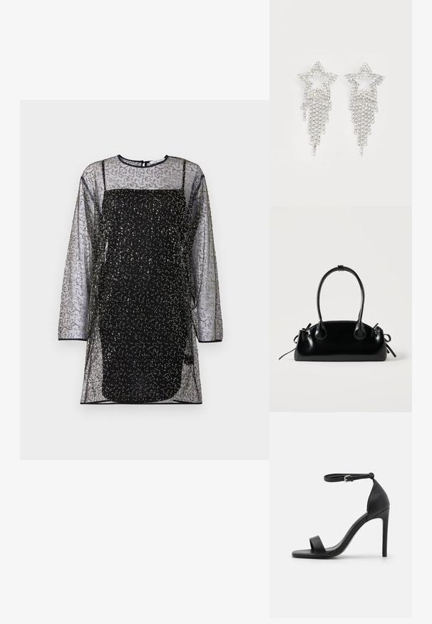 Zwarte mesh jurk met lange mouwen, decoratieve patronen van gouden en zilveren kralen, en een strakke zwarte onderlaag. Rond decolleté en achter sluiting.; Zwarte sandalen met hoge hakken, met een slank ontwerp, voorzien van een enkelbandje, open teen en een gladde leren textuur.; Kleine zwarte glanzende handtas met twee lange hengsels en zijkant trekkoord details op een effen lichte achtergrond.; Rhinestone ster oorbellen met waterval franje, in een zilverkleurige tint en een glanzend, reflecterend oppervlak. Stervorm met ingewikkeld ontwerp.