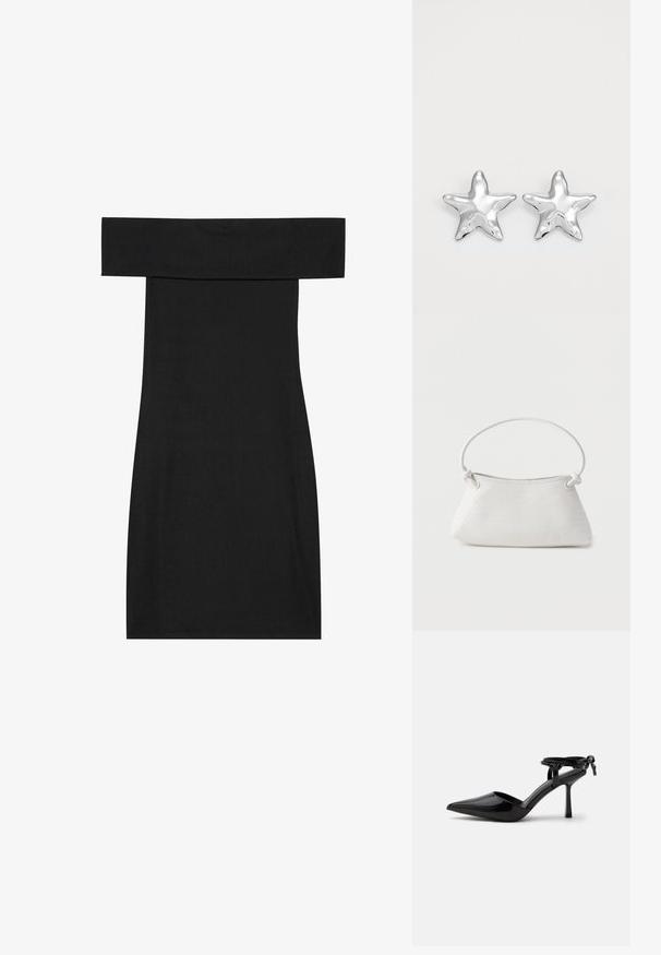 Vestido negro sin mangas, hecho de tela acanalada. El diseño presenta una forma ajustada y un dobladillo recto, enfatizando una textura suave.; Zapato de tacón alto de cuero charol negro con punta puntiaguda y correa en el tobillo atada en un nudo en la parte trasera, mostrado sobre un fondo blanco liso.; Bolso de mano de cuero blanco tejido con asa redondeada y extremos de la correa anudados, exhibido sobre un fondo liso.; Pendientes en forma de estrella plateada con una superficie pulida y brillante. Cada pendiente presenta cinco puntas y sutiles detalles de textura en la superficie.